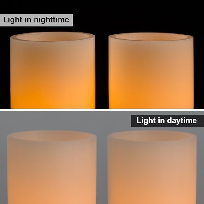 Homemory 5"x3" Wax Flameless Candles, Battery Operated LED Pillar Candles with Remote Control & Timer, Amber Yellow Flickering Light for Party, Wedding, Festival, Ivory, Indoor Only, Set of 2