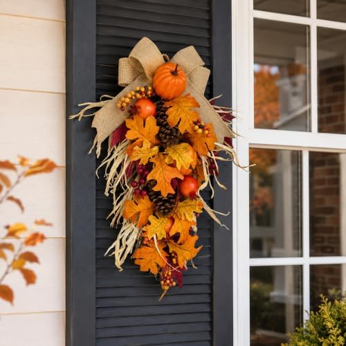 21 inch lighted fall teardrop swag with pumpkins on a desk or shelf