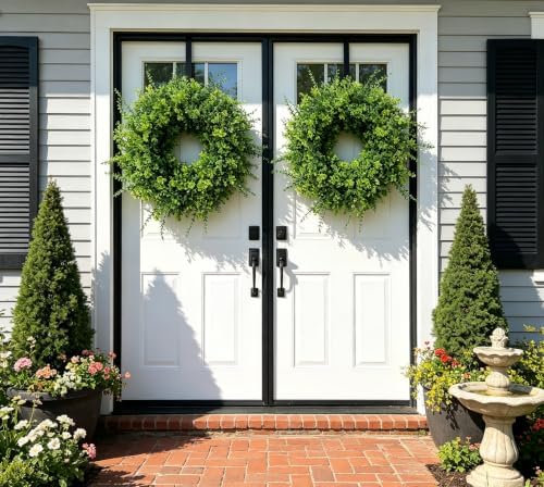 26" large boxwood wreath for front door.eucalyptus wreath, close-up detail