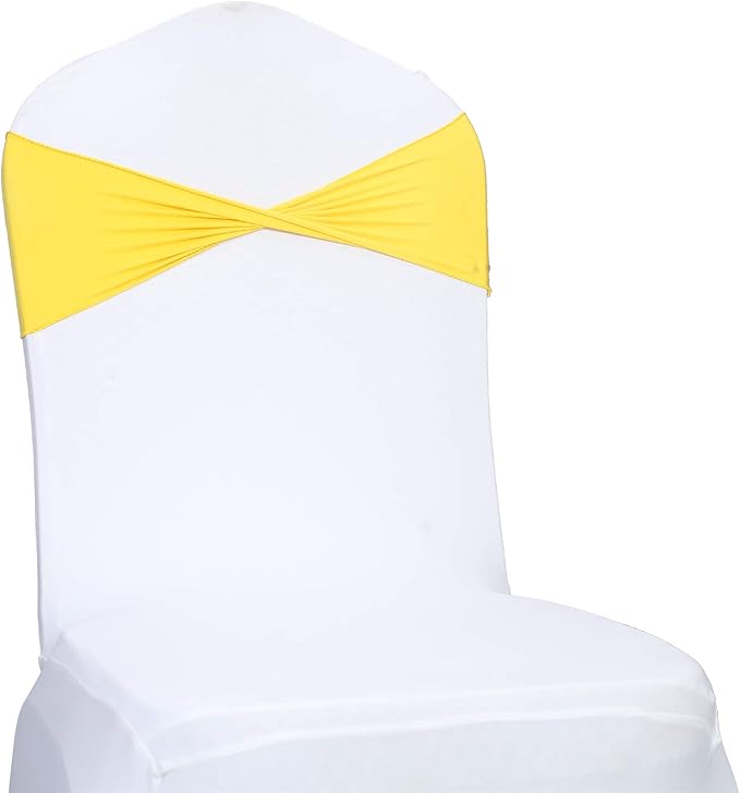 VDS Pack of 150 PCS | Yellow | Spandex Chair Sashes Bows Without Buckle | Stretch Elastic Banquet Universal Folding Chair Band Tie with for Wedding Party Conference Celebration Event Decoration