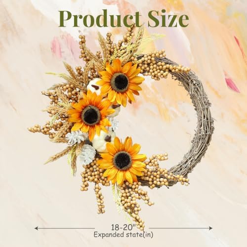 20 inch sunflower fall wreath for front door, side view