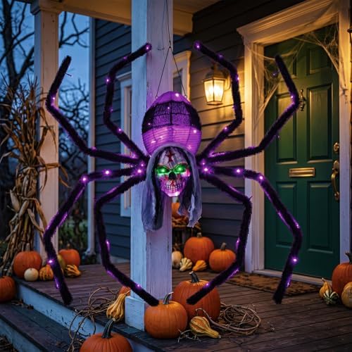 52" halloween giant skull face spider, lighted outdoor, view 9