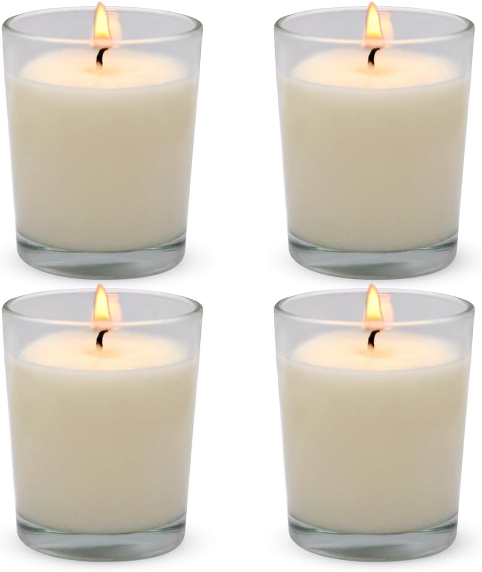 Set of 4 White Votive Candles, Clear Glass Filled Unscented Soy Wax Candle for Home Décor Weddings Spa Holidays Party and DIY