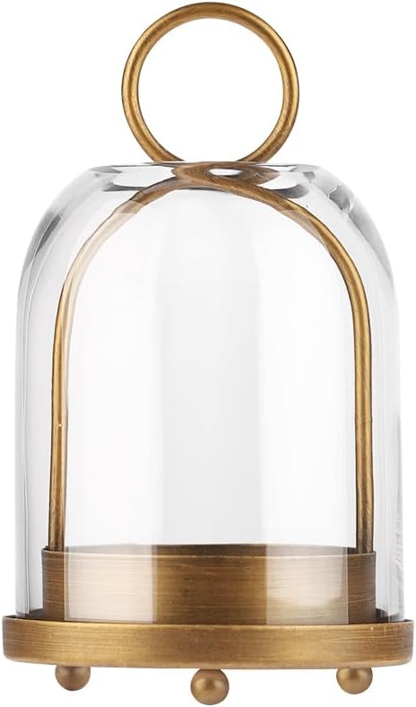 7.5" High Versatile Modern Metal Hurricane Lantern with Handmade Sturdy Glass Dome in Vintage Brass for 2" Pillar Candle & Plants, Industrial, Farmhouse, Shabby Chic (Brass, 4" x7.5 for 2" Pillar)