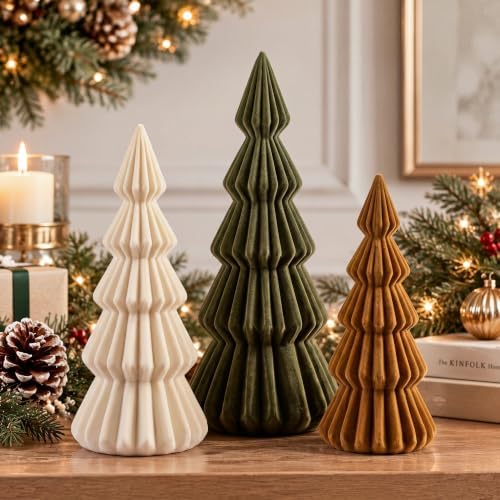 set of 3 velvet ceramic christmas tree decor, close-up detail