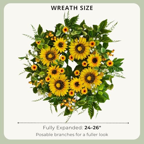 sunflower wreath for front door, 24 inch spring, close-up detail