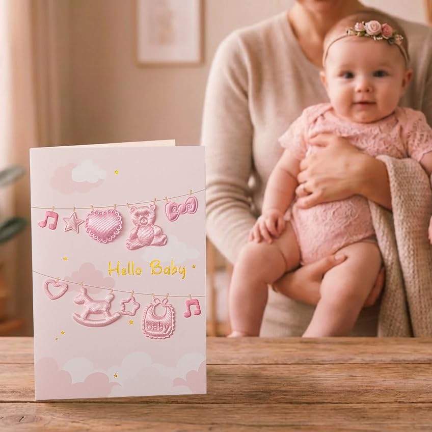 Crisky Baby Shower Card for Girls -3D Fabric Decor- Pink Rose Gold Welcome Congratulations Baby Card for New Baby Girl （Pink Bear）,5x7