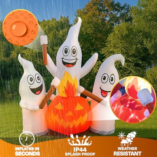6 ft halloween inflatable ghosts roasting marshmallows, close-up detail