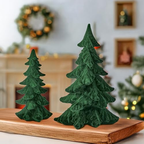 dn deconation flocked christmas tree figurines, green velvet shown in use