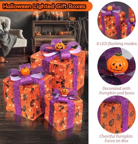3 pieces lighted boxes halloween decorations, lighted gift, side view