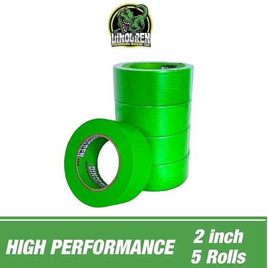 LAUCO DINOGREN High Performance Automotive Masking Tape – 2 Inch x 60 Yards (5 Rolls) – Green Tape for Car Paint, Body Shop Use, Clean Removal, Heat & Water Resistant, Multi-Surface Crepe Backed
