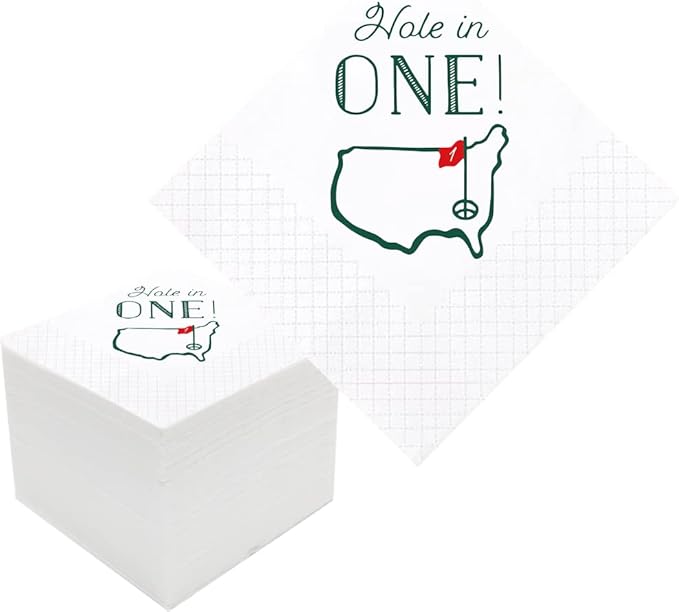 Golf Cocktail Napkins, 100 Pack Hole in One First Birthday Golf Themed Paper Disposable Cocktail Beverage Napkins for Baby 1st Hole In One Birthday Decorations 2-Ply, 5x5 Inches (Hole in One)