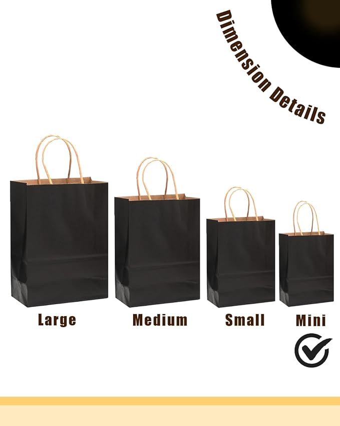 qiqee 50-Packs Black Paper Gift Bags with Handles Bulk 4.5"x2.5"x6" Mini Size Party Favor Bags Multiple Uses