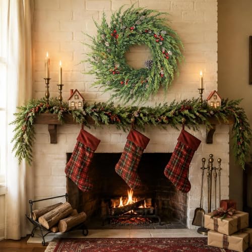 24" artificial christmas cedar wreath with berry for, front angle view