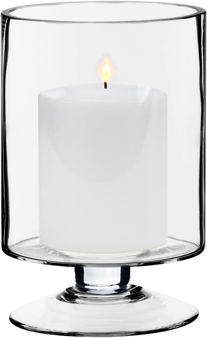 CYS EXCEL Glass Hurricane Pillar Candle Holder (H:8" W:4.75") | Multiple Size Choices Short Stem Candle Centerpieces | Stemmed Glass Cylinder Candle Vase