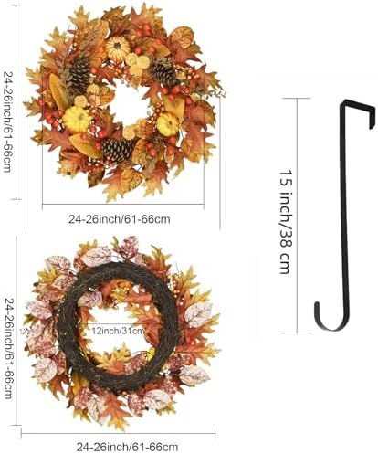 24 inch fall wreath for front door, pumpkin on a desk or shelf