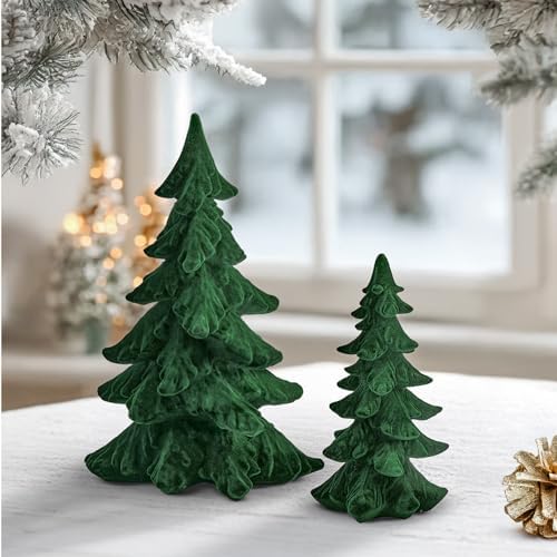 dn deconation flocked christmas tree figurines, green velvet, package contents