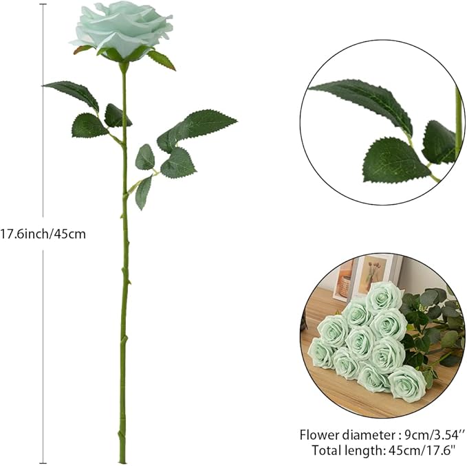 Artificial Rose 10pcs Open Flower Bouquet Sage Green Faux Rose Stems for Wedding Arrangement, Bridal Bouquet, Centerpiece, Fake Faux Silk Flowers