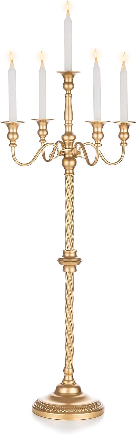 Sziqiqi Gold Floor Candelabra Candle Holder for Wedding, 5-Arm, 35in Tall