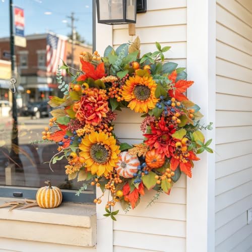 24 inch harvest fall wreaths for front door showing dimensions