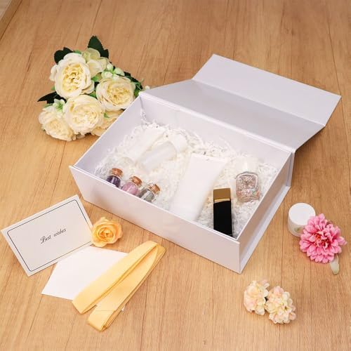 UoeRing 1 Pcs White Gift Box 9.5x6x3 Inch with Magnetic Lid | Collapsible Luxury Present Box,for Birthday,Christmas Holiday Gift Includes Card,Ribbon