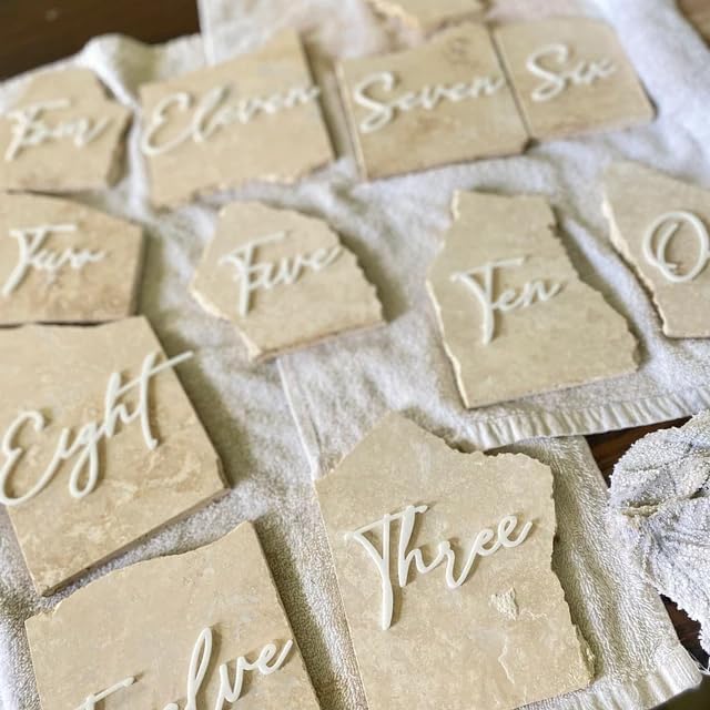 Cursive Wedding Table Number SET, DIY thin modern Black or White acrylic cutouts with silicone glue included. Words only, no backing (One - Twenty Five, Gloss White)