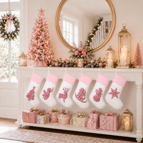 White Pink Buffalo Plaid Embroidered Christmas Stockings Set of 6 | Cute Large Christmas Stocking with Pink Faux Fur for Holiday Gifts, Christmas Stocking Stuffers and Christmas Décor