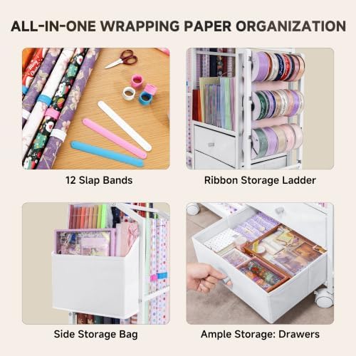 aquzee wrapping paper storage, rolling gift wrap station showing dimensions