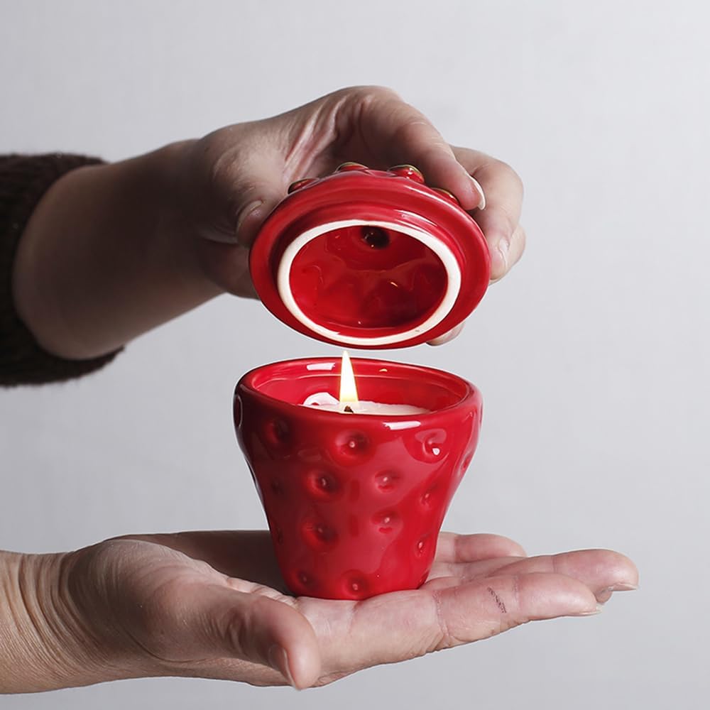 Strawberry Shaped Ceramic Candle Jar with Lid, Home Decor Aromatherapy Candlestick, Easter Bonus Candy Chocolate Storage jar (Red)