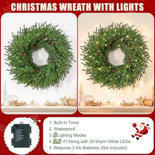 26'' christmas wreath with lights for front door, package contents