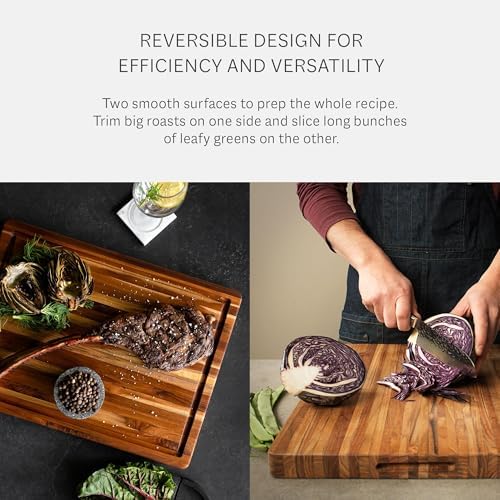 teakhaus edge-grain teak wood cutting board with juice on a desk or shelf