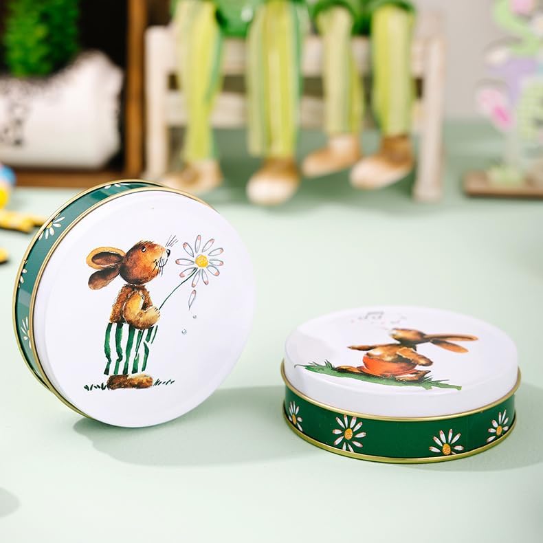 Easter Rabbit Round Metal Storage Tin (Style A) - 3.74" Vintage Bunny & Daisy Candy Box, Decorative Tinplate Organizer, Portable Holiday Keepsake for Spring Gifts & Party Favors
