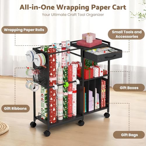 wrapping paper storage cart, rolling gift wrap station shown in use