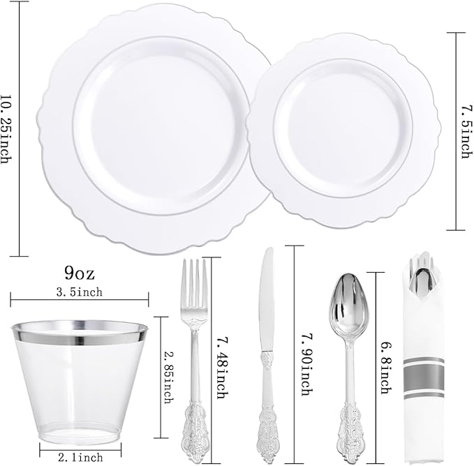 Liacere 350PCS Silver Plastic Plates-Disposable White and Silver Plates 50guest Baroque Plastic Dinnerware Set include 100Plates, 50Pack Pre Rolled Napkins with Silverware 50Cups Perfect for Chrismas