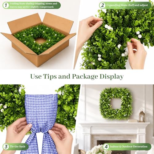 24'' large square green boxwood wreaths for front, front angle view