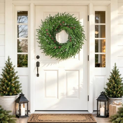 26'' christmas wreath with lights for front door, close-up detail