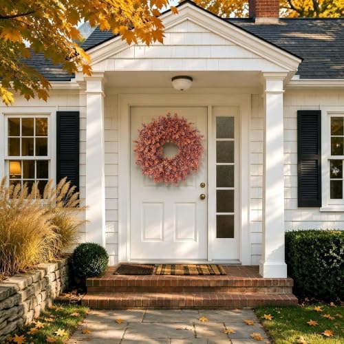 24" artificial fall boxwood wreath for front door, front angle view
