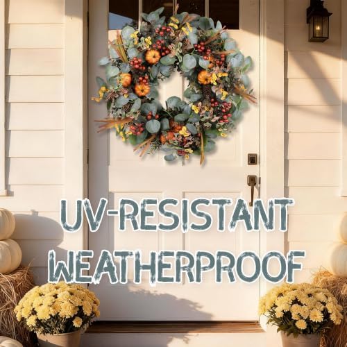 24" eucalyptus fall wreath with pumpkin foliage for, front angle view