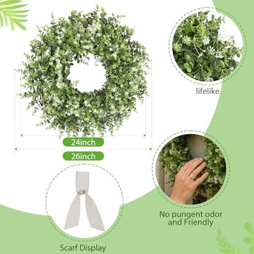 26 inch faux boxwood wreath for front door, close-up detail