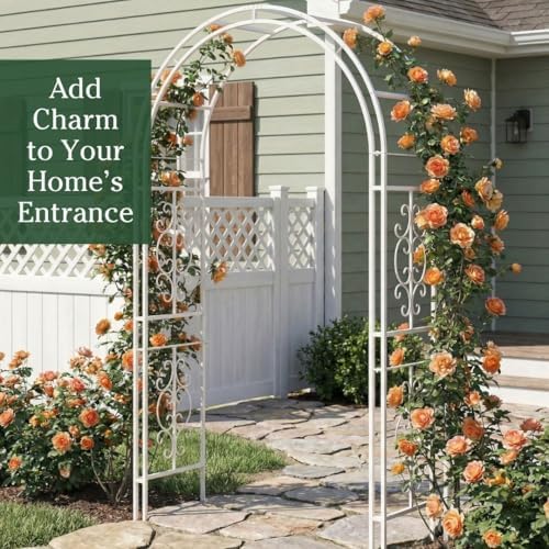 Plow & Hearth Arch Metal Outdoor Garden Arbor Montebello White, 7 Feet Ta...