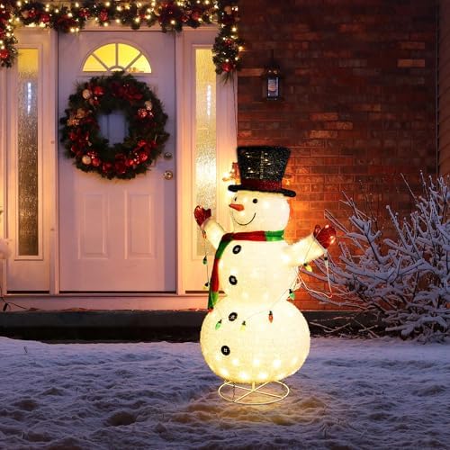 glitzhome 4ft lighted pop-up christmas snowman, large pre-lit, side view