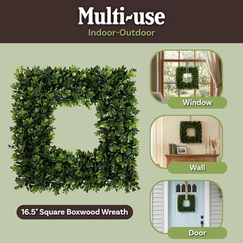 pure garden square boxwood wreath for front door showing dimensions