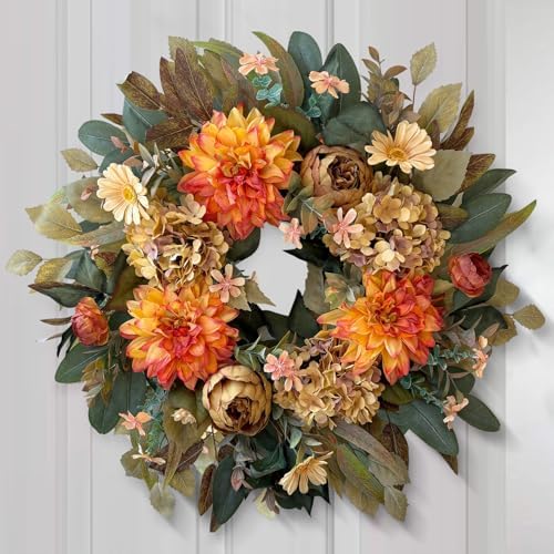 wanna-cul 24in fall front door wreath dahlia hydrangea, front angle view