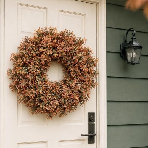 26" artificial fall boxwood wreath for front door shown in use