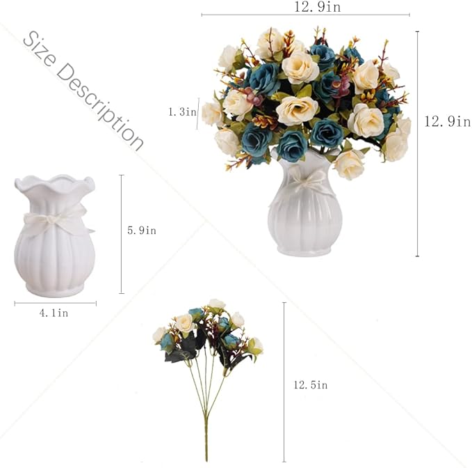 LESING Artificial Fake Flowers with Vase Silk Artificial Roses Wedding Flowers Bouquets Home Office Party Meeting Room Decoration (Blue-1)
