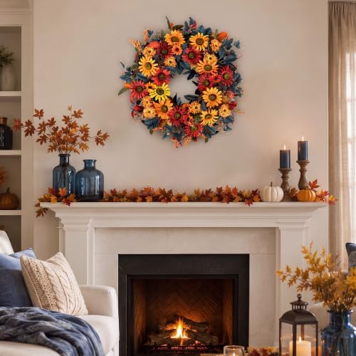 blosmon 24in fall wreaths for front door, sunflower on a desk or shelf