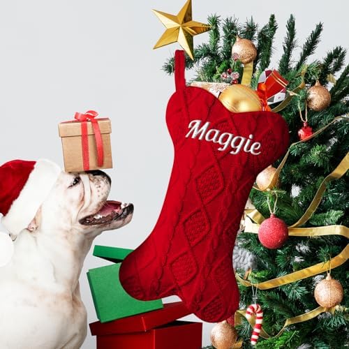 NIBESSER Personalized Dog Christmas Stockings Custom Name Knit Christmas Stockings 16.7” Large Xmas Stocking for Dogs Cats Pet Bone Shape Rustic Farmhouse Fireplace Hanging Ornament