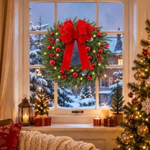 24'' christmas wreath with lights, christmas norfolk wreaths showing dimensions