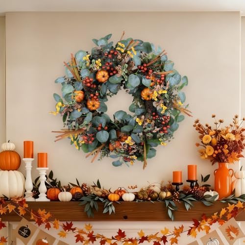 24" eucalyptus fall wreath with pumpkin foliage for showing dimensions