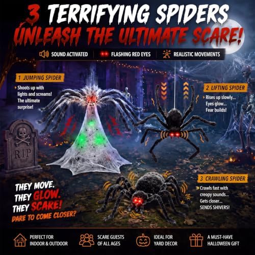 34" halloween animatronic spiders decor, jumping wriggling climbing shown in use